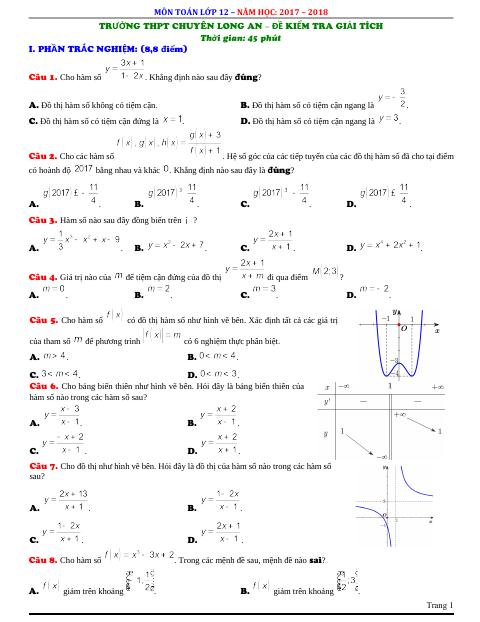 Đề kiểm tra 1 tiết Giải tích 12 chương 1 (Hàm số) năm học 2017 – 2018 trường THPT chuyên Long An (bản Word)